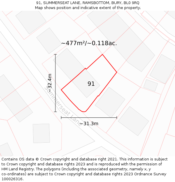 91, SUMMERSEAT LANE, RAMSBOTTOM, BURY, BL0 9RQ: Plot and title map