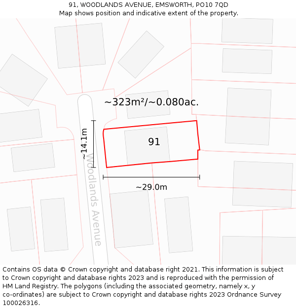 91, WOODLANDS AVENUE, EMSWORTH, PO10 7QD: Plot and title map