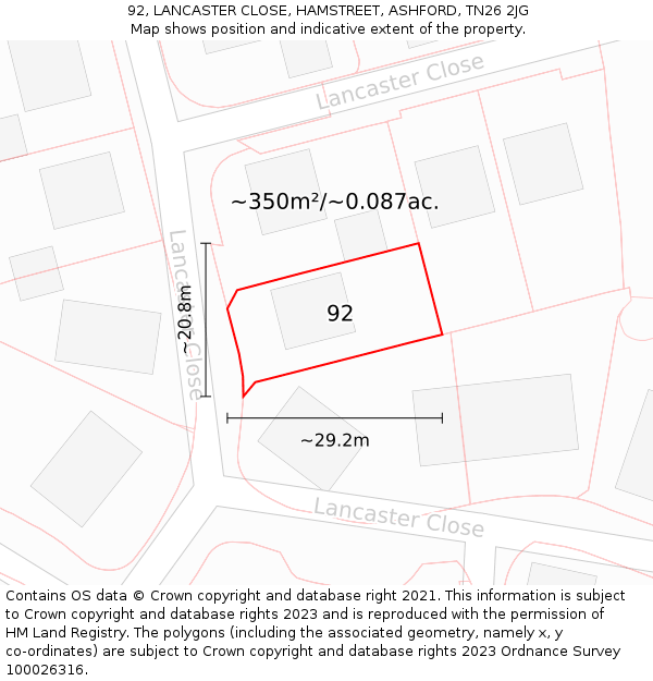 92, LANCASTER CLOSE, HAMSTREET, ASHFORD, TN26 2JG: Plot and title map