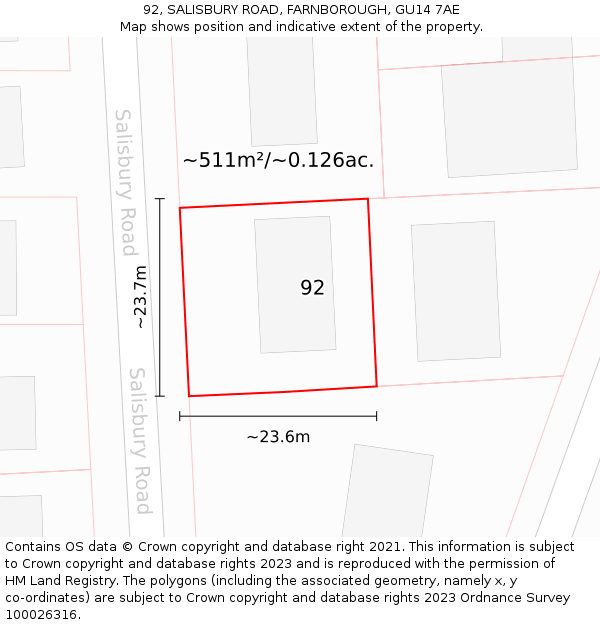 92, SALISBURY ROAD, FARNBOROUGH, GU14 7AE: Plot and title map