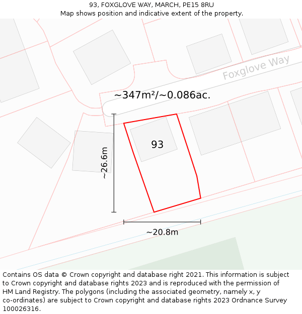 93, FOXGLOVE WAY, MARCH, PE15 8RU: Plot and title map