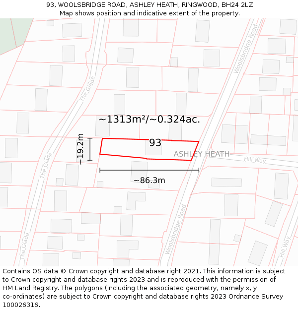 93, WOOLSBRIDGE ROAD, ASHLEY HEATH, RINGWOOD, BH24 2LZ: Plot and title map