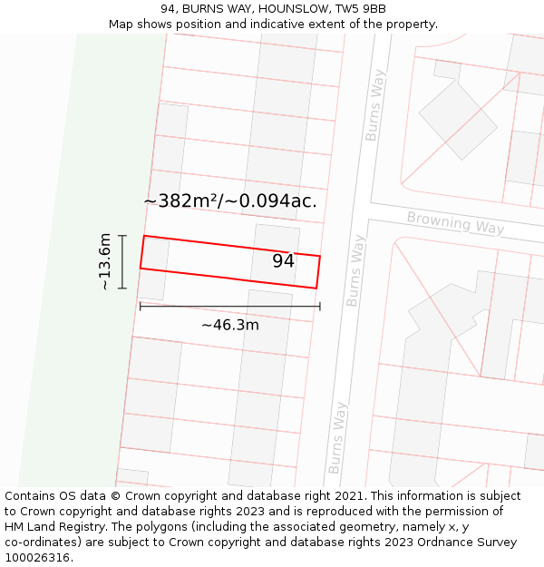 94, BURNS WAY, HOUNSLOW, TW5 9BB: Plot and title map