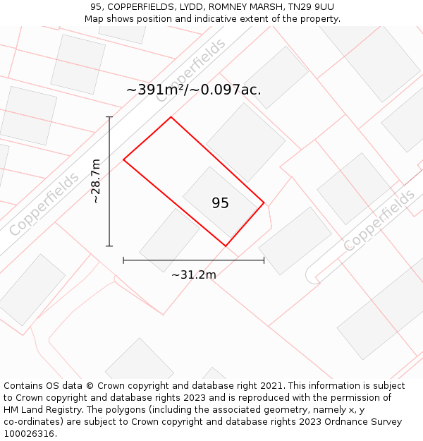 95, COPPERFIELDS, LYDD, ROMNEY MARSH, TN29 9UU: Plot and title map