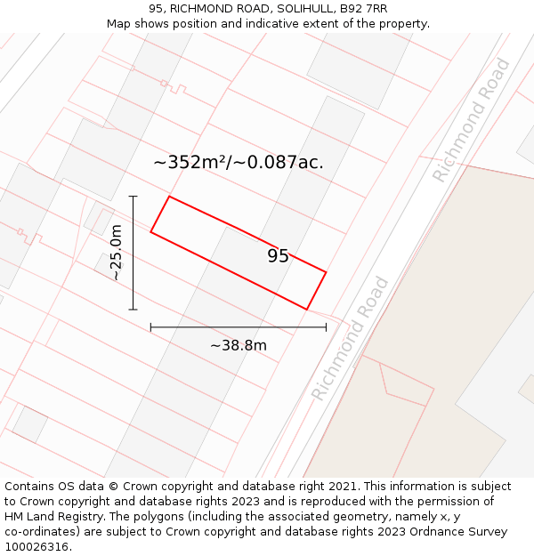 95, RICHMOND ROAD, SOLIHULL, B92 7RR: Plot and title map