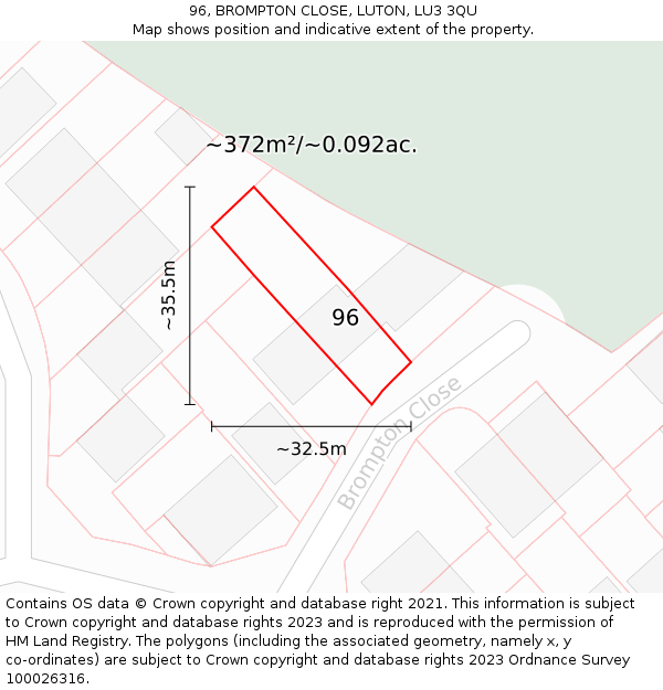 96, BROMPTON CLOSE, LUTON, LU3 3QU: Plot and title map