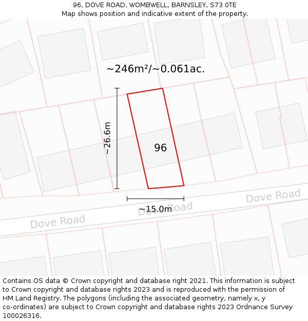 96, DOVE ROAD, WOMBWELL, BARNSLEY, S73 0TE: Plot and title map