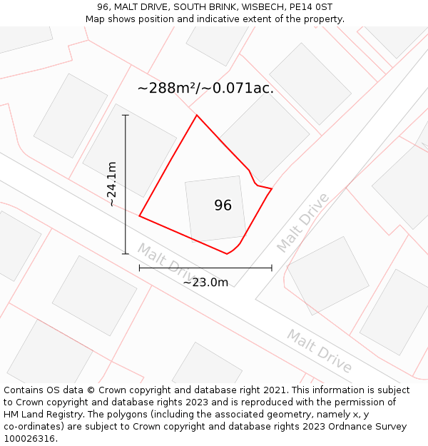 96, MALT DRIVE, SOUTH BRINK, WISBECH, PE14 0ST: Plot and title map