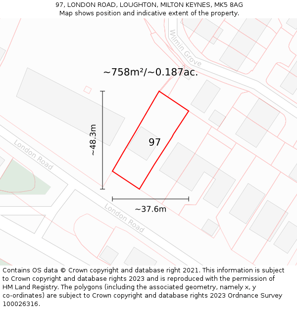 97, LONDON ROAD, LOUGHTON, MILTON KEYNES, MK5 8AG: Plot and title map