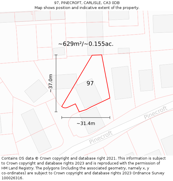 97, PINECROFT, CARLISLE, CA3 0DB: Plot and title map