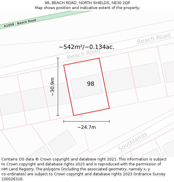 98, BEACH ROAD, NORTH SHIELDS, NE30 2QP: Plot and title map