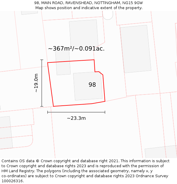 98, MAIN ROAD, RAVENSHEAD, NOTTINGHAM, NG15 9GW: Plot and title map