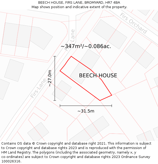 BEECH HOUSE, FIRS LANE, BROMYARD, HR7 4BA: Plot and title map