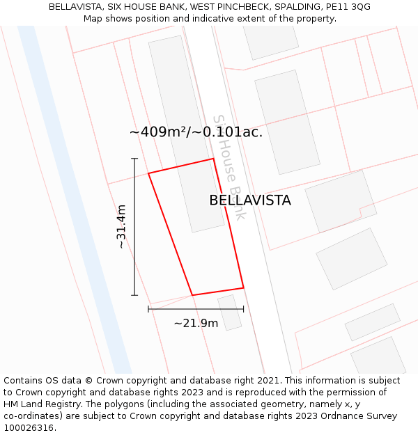 BELLAVISTA, SIX HOUSE BANK, WEST PINCHBECK, SPALDING, PE11 3QG: Plot and title map