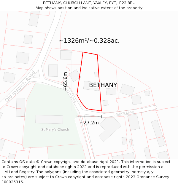 BETHANY, CHURCH LANE, YAXLEY, EYE, IP23 8BU: Plot and title map