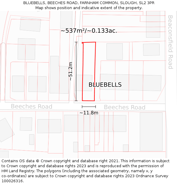 BLUEBELLS, BEECHES ROAD, FARNHAM COMMON, SLOUGH, SL2 3PR: Plot and title map