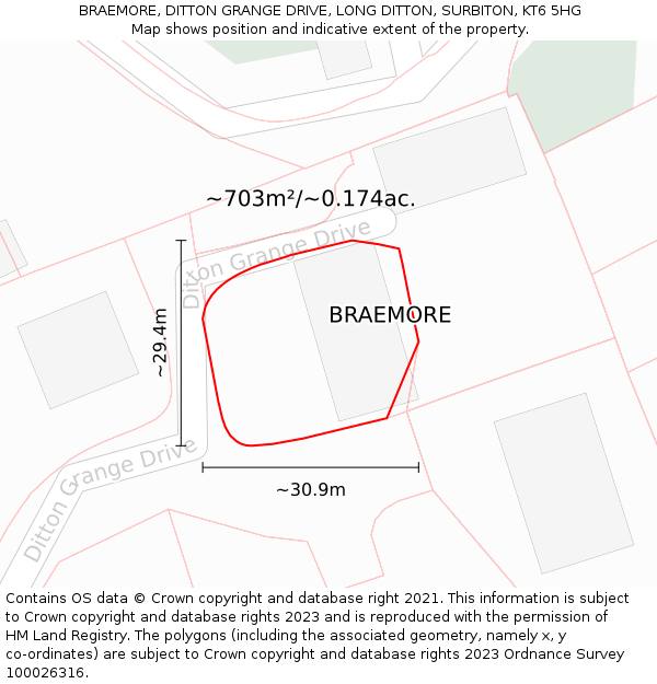 BRAEMORE, DITTON GRANGE DRIVE, LONG DITTON, SURBITON, KT6 5HG: Plot and title map