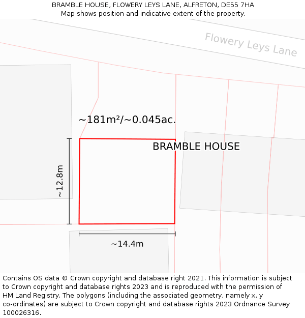 BRAMBLE HOUSE, FLOWERY LEYS LANE, ALFRETON, DE55 7HA: Plot and title map