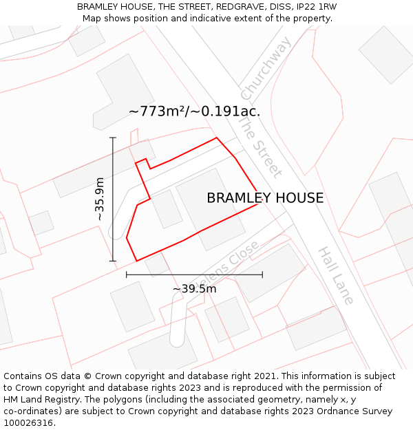 BRAMLEY HOUSE, THE STREET, REDGRAVE, DISS, IP22 1RW: Plot and title map