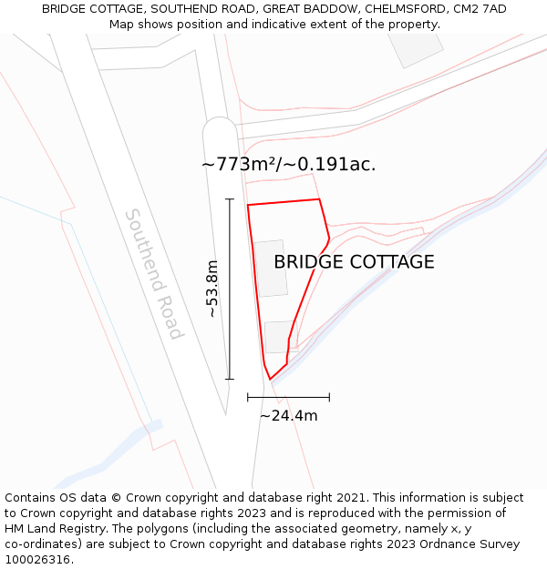 BRIDGE COTTAGE, SOUTHEND ROAD, GREAT BADDOW, CHELMSFORD, CM2 7AD: Plot and title map