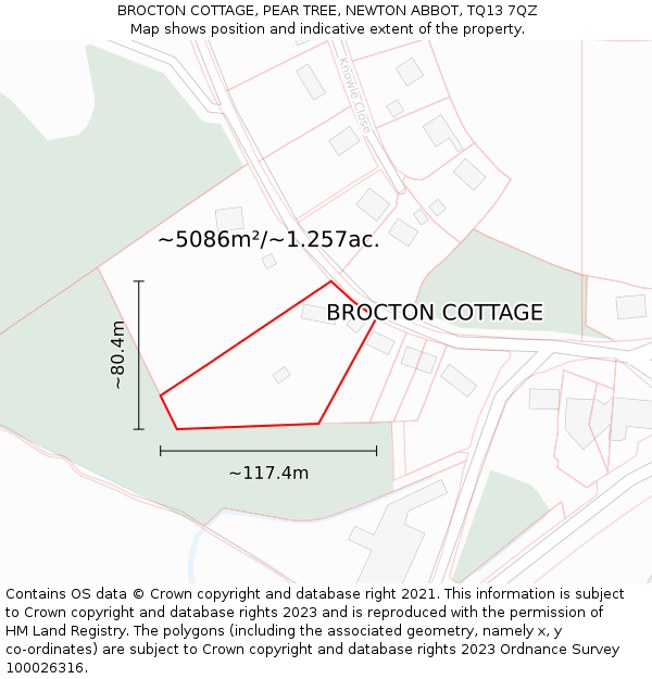 BROCTON COTTAGE, PEAR TREE, NEWTON ABBOT, TQ13 7QZ: Plot and title map