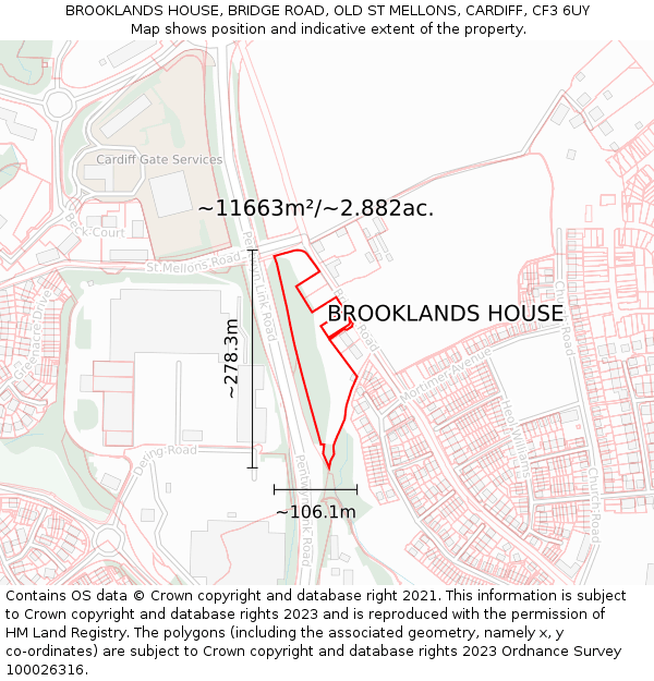 BROOKLANDS HOUSE, BRIDGE ROAD, OLD ST MELLONS, CARDIFF, CF3 6UY: Plot and title map