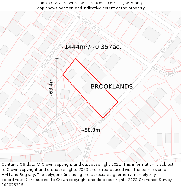 BROOKLANDS, WEST WELLS ROAD, OSSETT, WF5 8PQ: Plot and title map