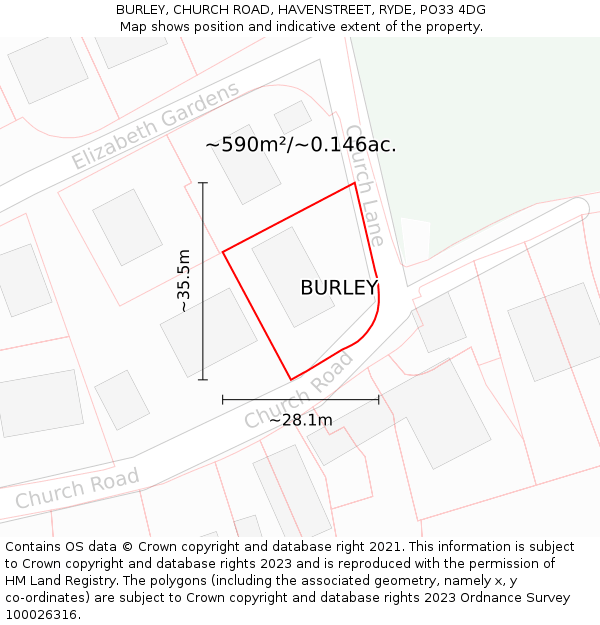 BURLEY, CHURCH ROAD, HAVENSTREET, RYDE, PO33 4DG: Plot and title map