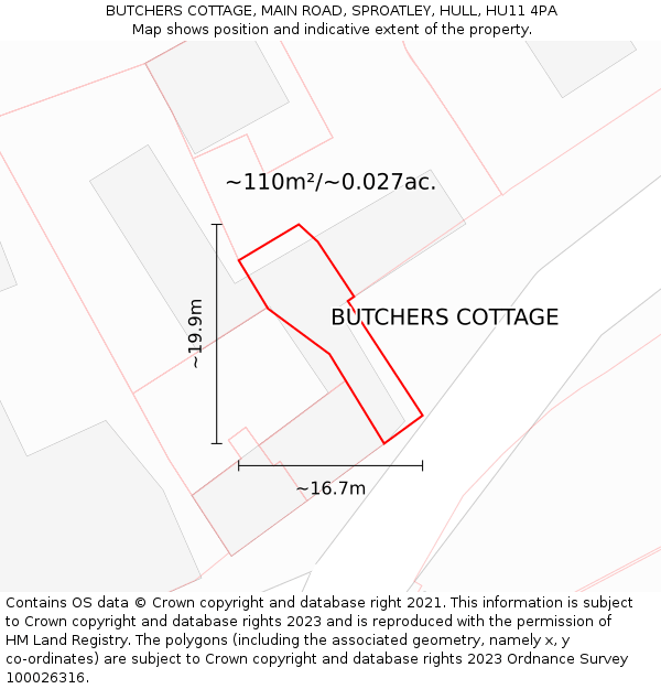 BUTCHERS COTTAGE, MAIN ROAD, SPROATLEY, HULL, HU11 4PA: Plot and title map