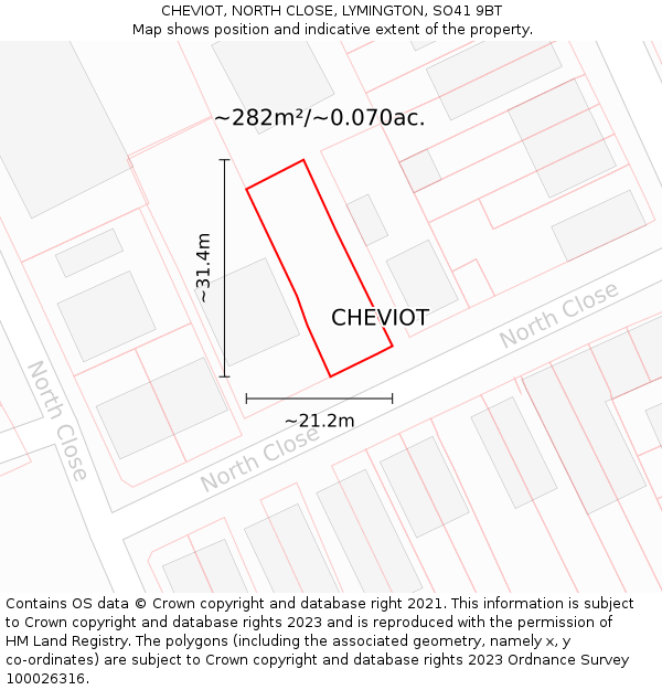 CHEVIOT, NORTH CLOSE, LYMINGTON, SO41 9BT: Plot and title map