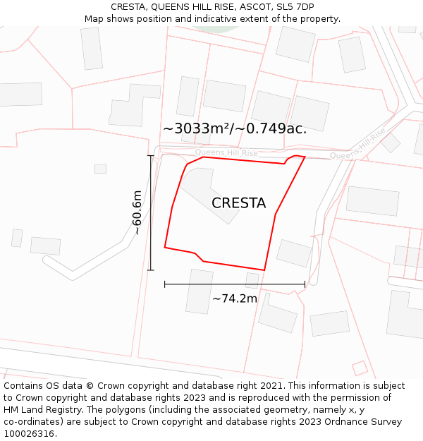 CRESTA, QUEENS HILL RISE, ASCOT, SL5 7DP: Plot and title map