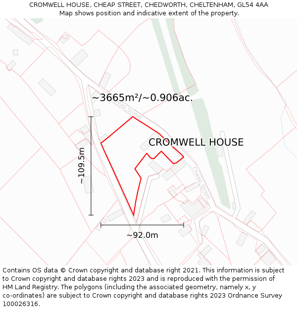 CROMWELL HOUSE, CHEAP STREET, CHEDWORTH, CHELTENHAM, GL54 4AA: Plot and title map