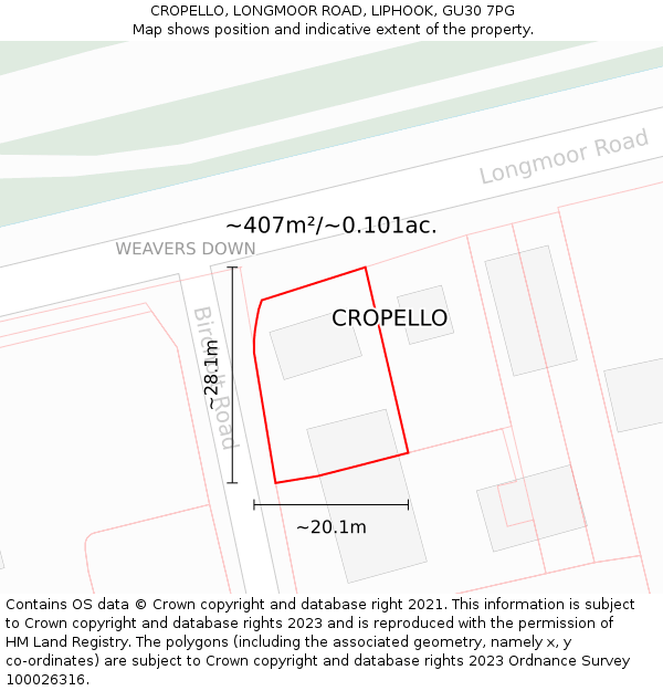 CROPELLO, LONGMOOR ROAD, LIPHOOK, GU30 7PG: Plot and title map