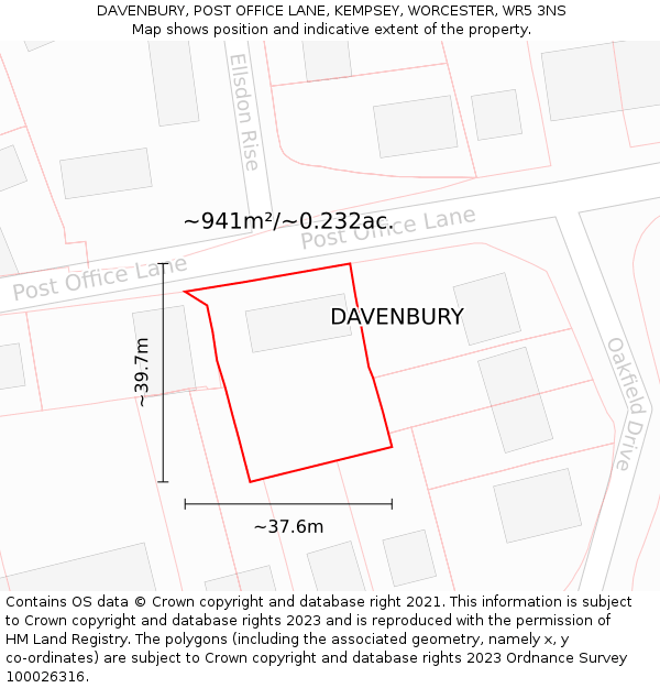 DAVENBURY, POST OFFICE LANE, KEMPSEY, WORCESTER, WR5 3NS: Plot and title map