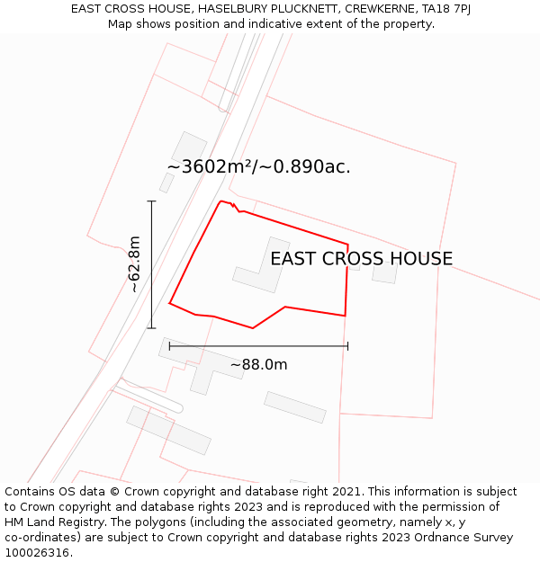 EAST CROSS HOUSE, HASELBURY PLUCKNETT, CREWKERNE, TA18 7PJ: Plot and title map