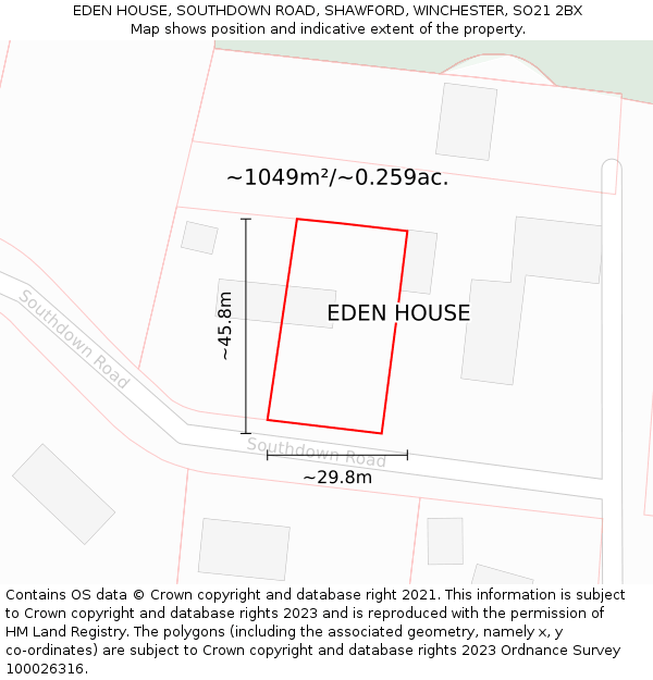 EDEN HOUSE, SOUTHDOWN ROAD, SHAWFORD, WINCHESTER, SO21 2BX: Plot and title map