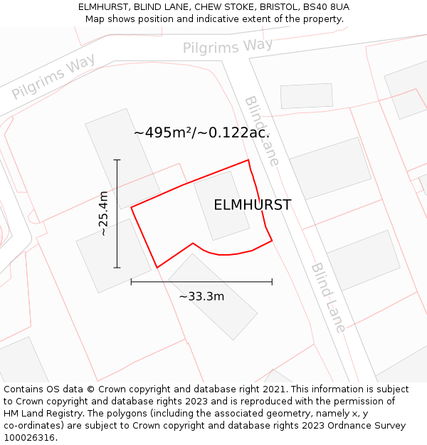 ELMHURST, BLIND LANE, CHEW STOKE, BRISTOL, BS40 8UA: Plot and title map