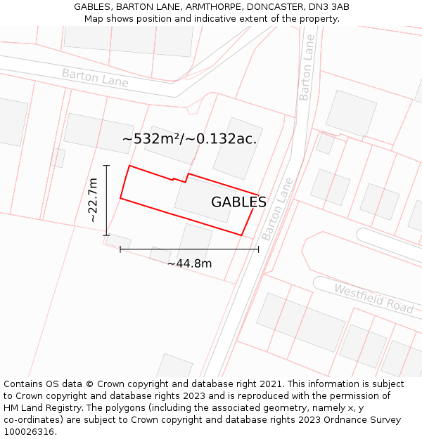 GABLES, BARTON LANE, ARMTHORPE, DONCASTER, DN3 3AB: Plot and title map