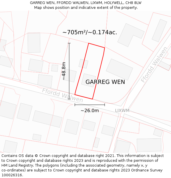 GARREG WEN, FFORDD WALWEN, LIXWM, HOLYWELL, CH8 8LW: Plot and title map