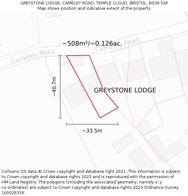 GREYSTONE LODGE, CAMELEY ROAD, TEMPLE CLOUD, BRISTOL, BS39 5AF: Plot and title map