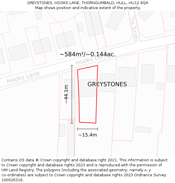 GREYSTONES, HOOKS LANE, THORNGUMBALD, HULL, HU12 9QA: Plot and title map