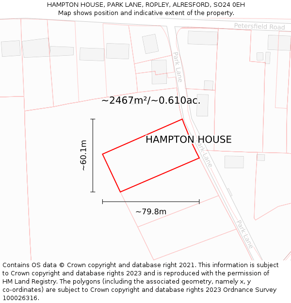 HAMPTON HOUSE, PARK LANE, ROPLEY, ALRESFORD, SO24 0EH: Plot and title map