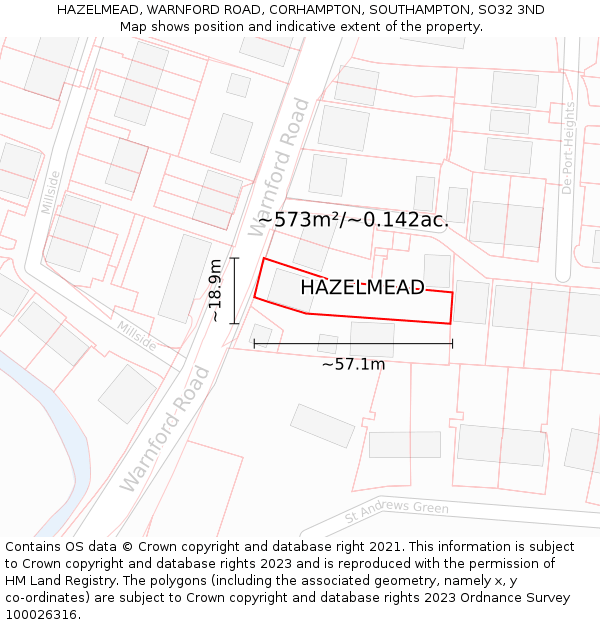 HAZELMEAD, WARNFORD ROAD, CORHAMPTON, SOUTHAMPTON, SO32 3ND: Plot and title map