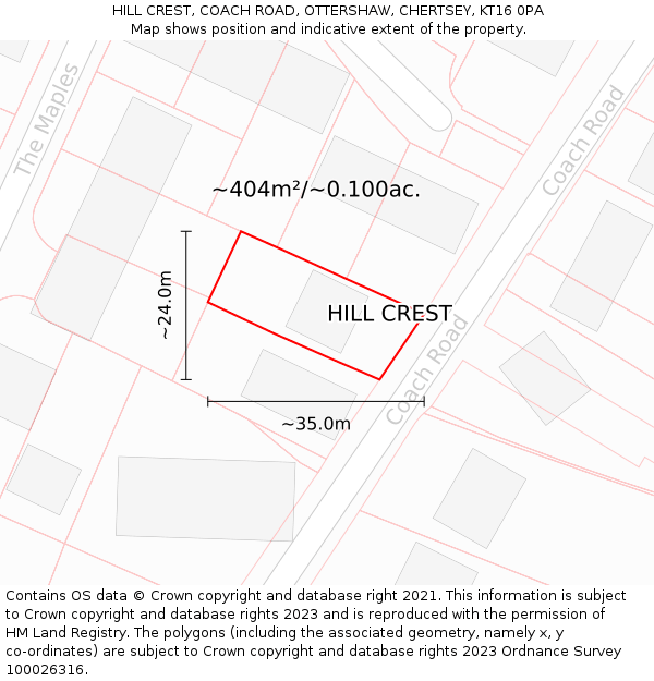 HILL CREST, COACH ROAD, OTTERSHAW, CHERTSEY, KT16 0PA: Plot and title map