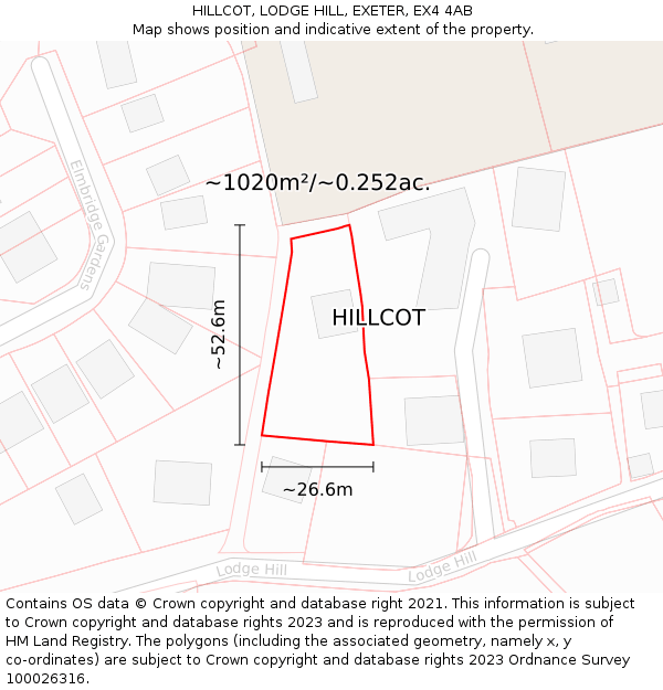 HILLCOT, LODGE HILL, EXETER, EX4 4AB: Plot and title map