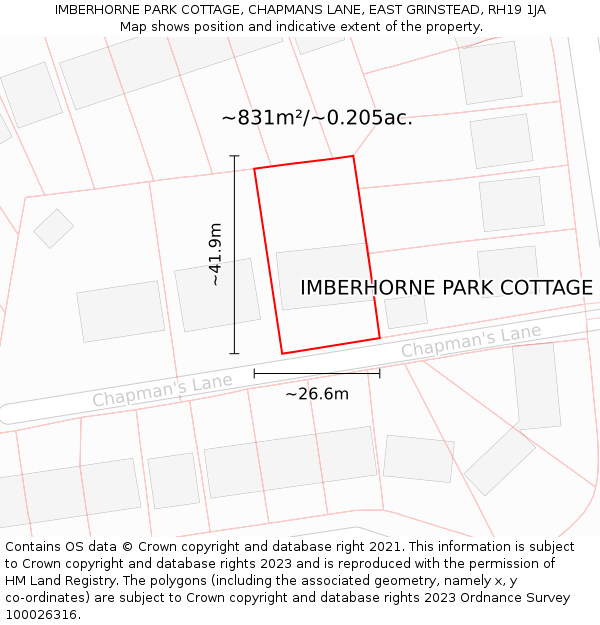 IMBERHORNE PARK COTTAGE, CHAPMANS LANE, EAST GRINSTEAD, RH19 1JA: Plot and title map