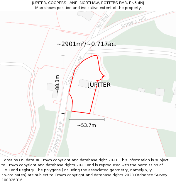 JUPITER, COOPERS LANE, NORTHAW, POTTERS BAR, EN6 4NJ: Plot and title map