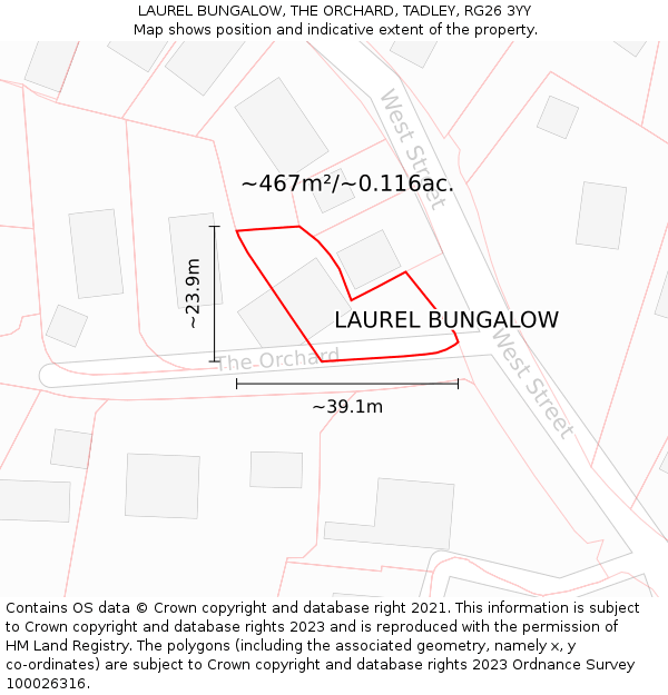 LAUREL BUNGALOW, THE ORCHARD, TADLEY, RG26 3YY: Plot and title map