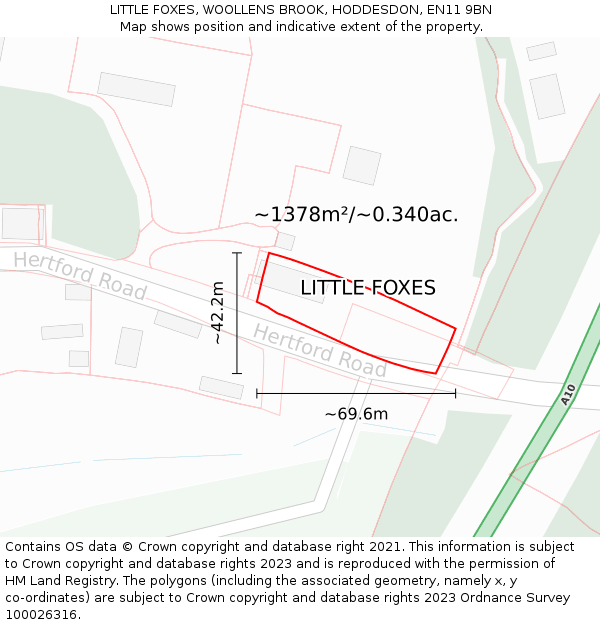 LITTLE FOXES, WOOLLENS BROOK, HODDESDON, EN11 9BN: Plot and title map