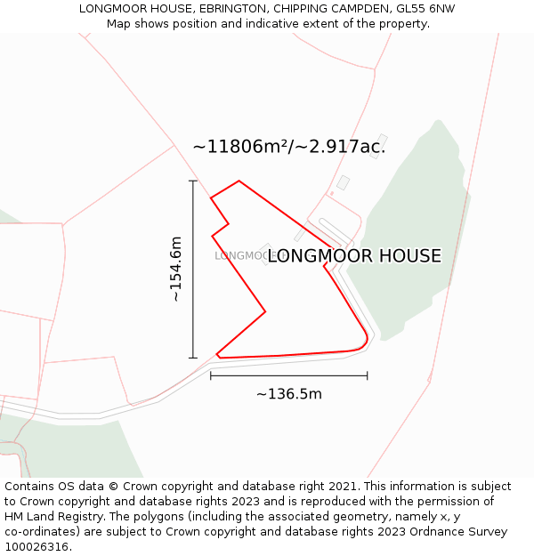 LONGMOOR HOUSE, EBRINGTON, CHIPPING CAMPDEN, GL55 6NW: Plot and title map